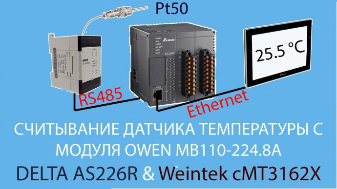 ПЛК: Считывание датчика температуры с модуля OWEN MB110-224.8A ПЛК DELTA AS228R и панелью Weintek cM